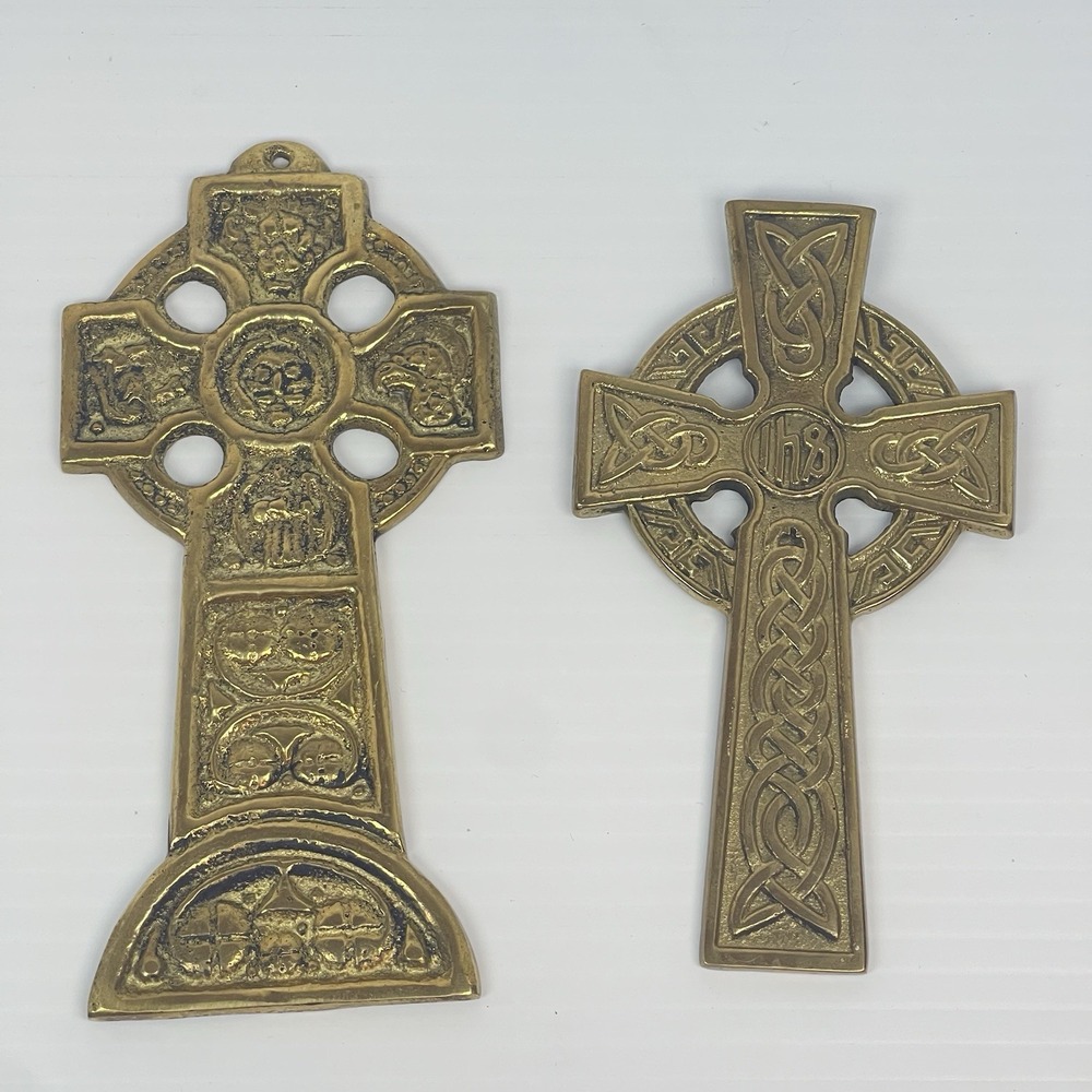 Celtic Wall Hanging Brass Metal Cross Trinity Knot Design Lot of 2
